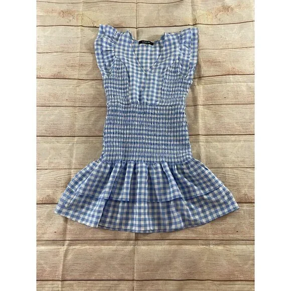 Sugar Lips Everleigh Gingham Blue And White Plaid Smoked Mini Dress - Medium - Picture 6 of 12